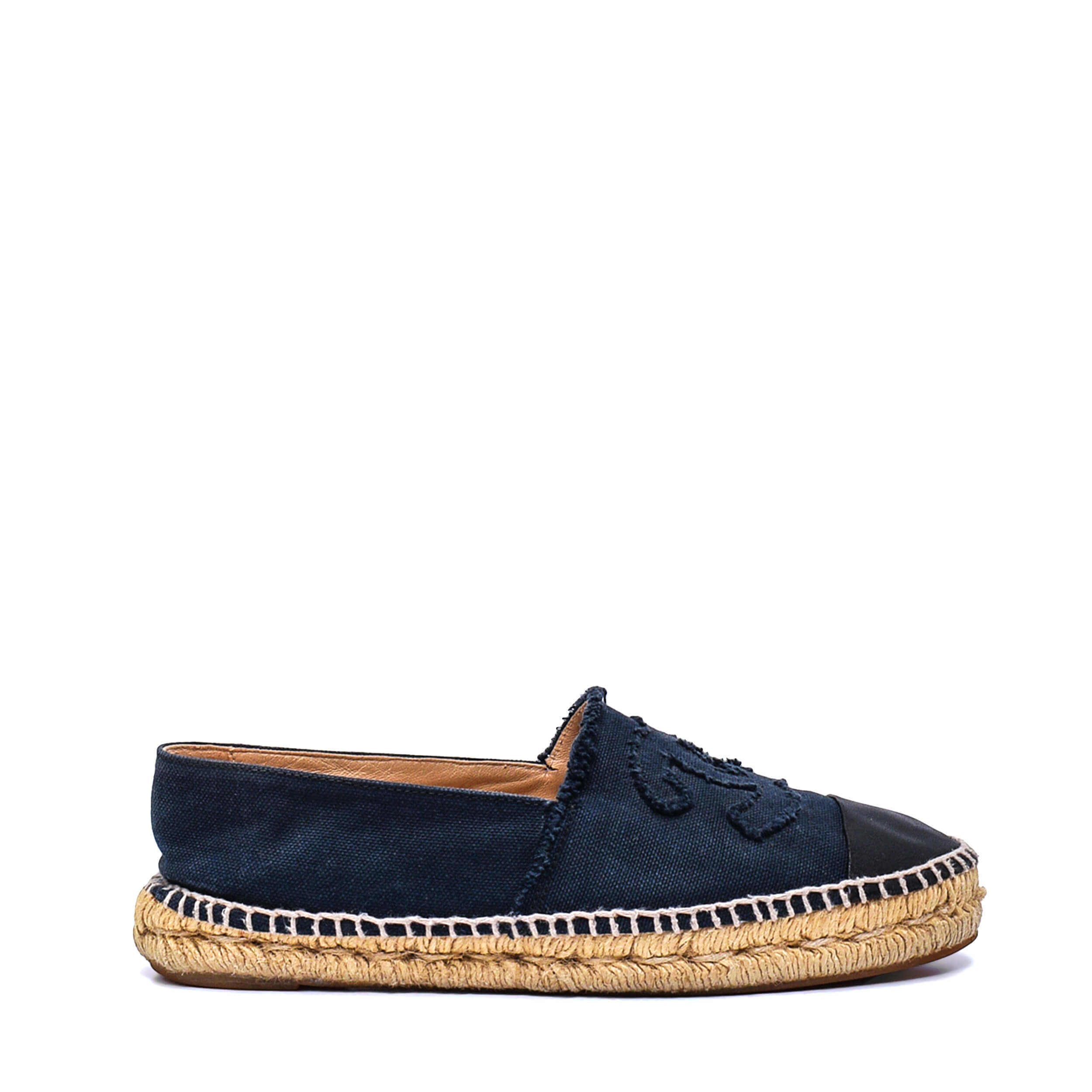 Chanel- Black Leather and Navy Canvas  CC Espadrilles / 38